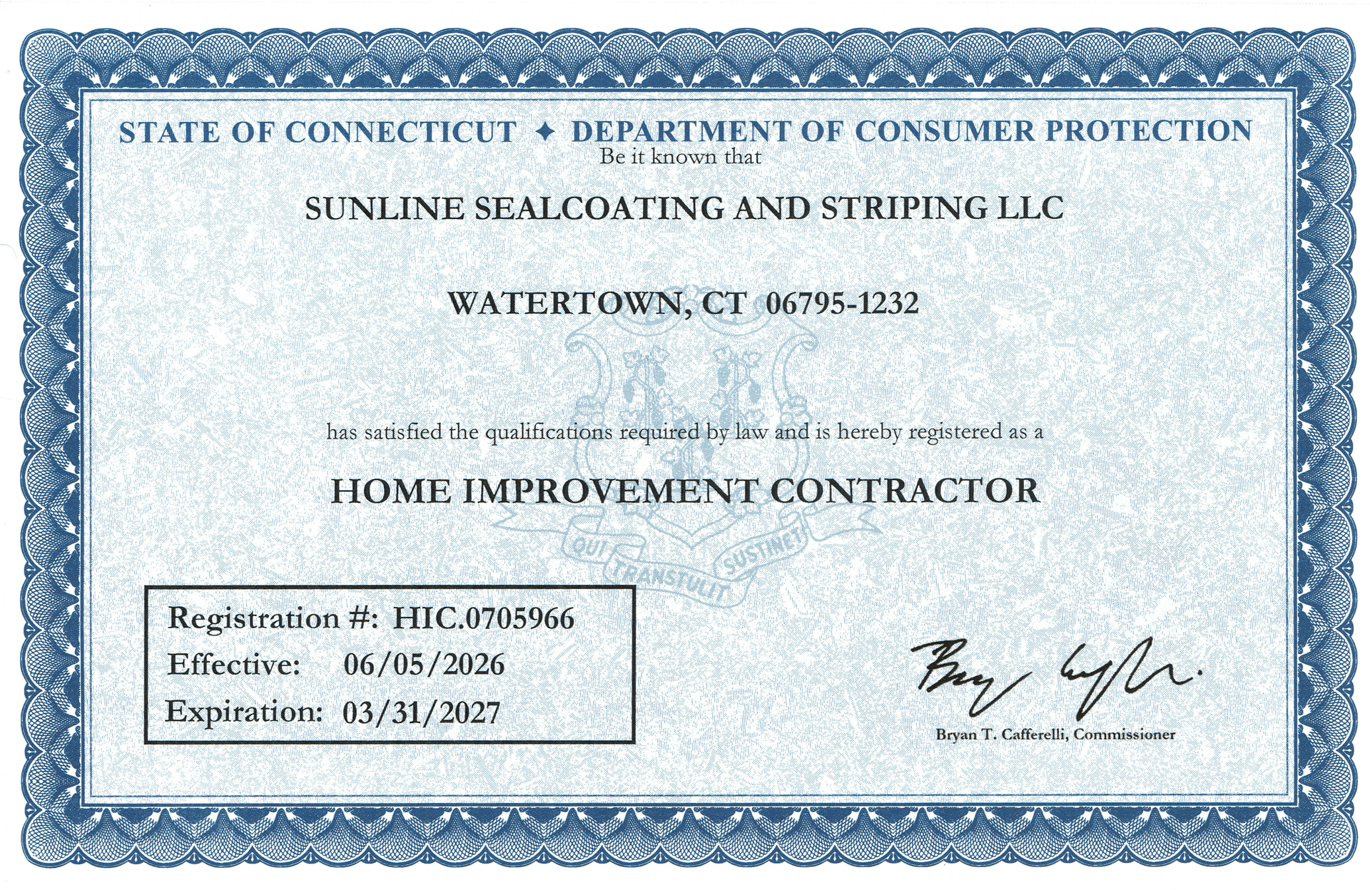 Connecticut Department of Consumer Protection Home Improvement Contractor registration for Sunline Sealcoating and Striping LLC, registration HIC.0705966